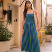 Robe bretelles col carr&eacute; en coton bleu femme