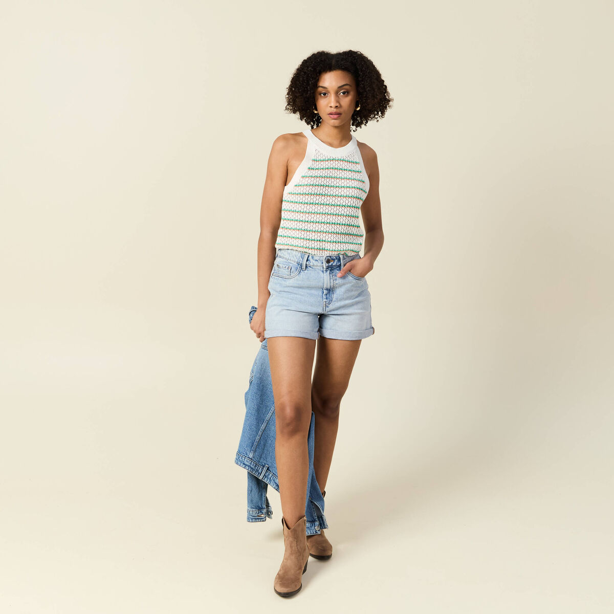 Débardeur tricot ajouré blanc femme