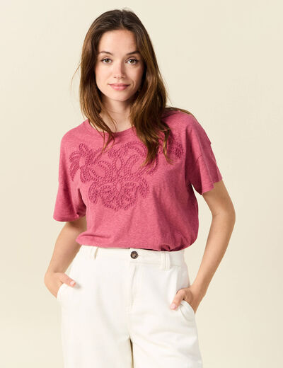 T-shirt manches courtes brodé vieux rose femme