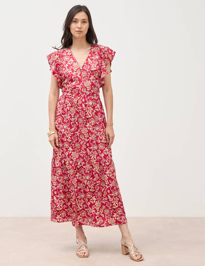 Robe fluide col v manches courtes rouge cerise femme