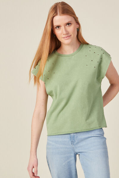Sweat sans manches à clous vert kaki femme