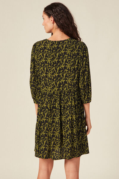 Robe évasée manches 3/4 vert kaki femme