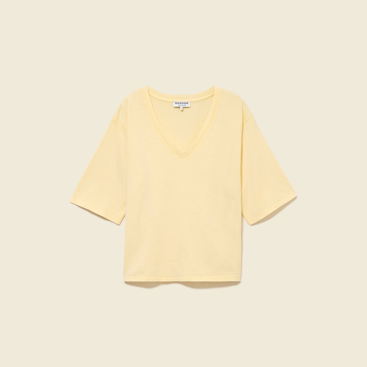 T-shirt col v manches courtes en coton jaune clair femme