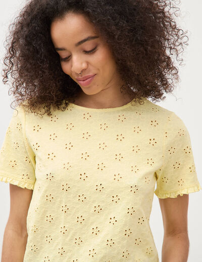 T-shirt droit col rond broderie coton jaune pastel femme