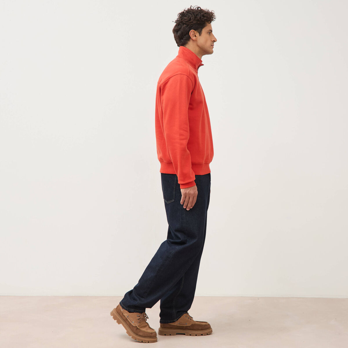 Sweat col camionneur manches longues orange fonc&eacute; homme