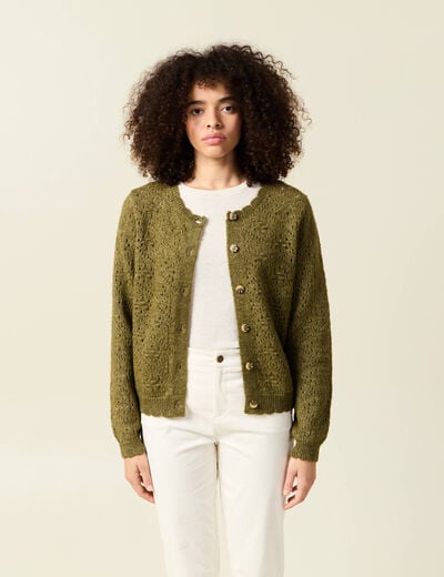 Gilet manches longues col rond vert kaki femme