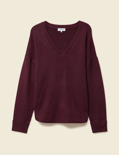 Pull manches longues col en V prune femme