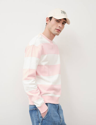 Sweat ray&eacute; col rond manches longues rose poudr&eacute;e homme