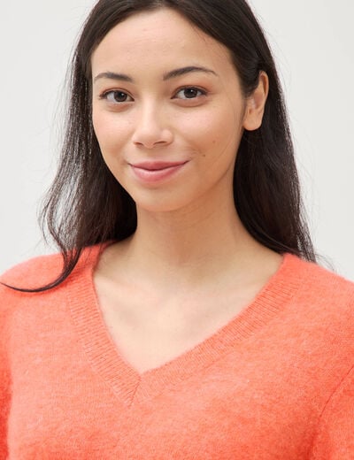 Pull droit col v manches longues rose corail femme