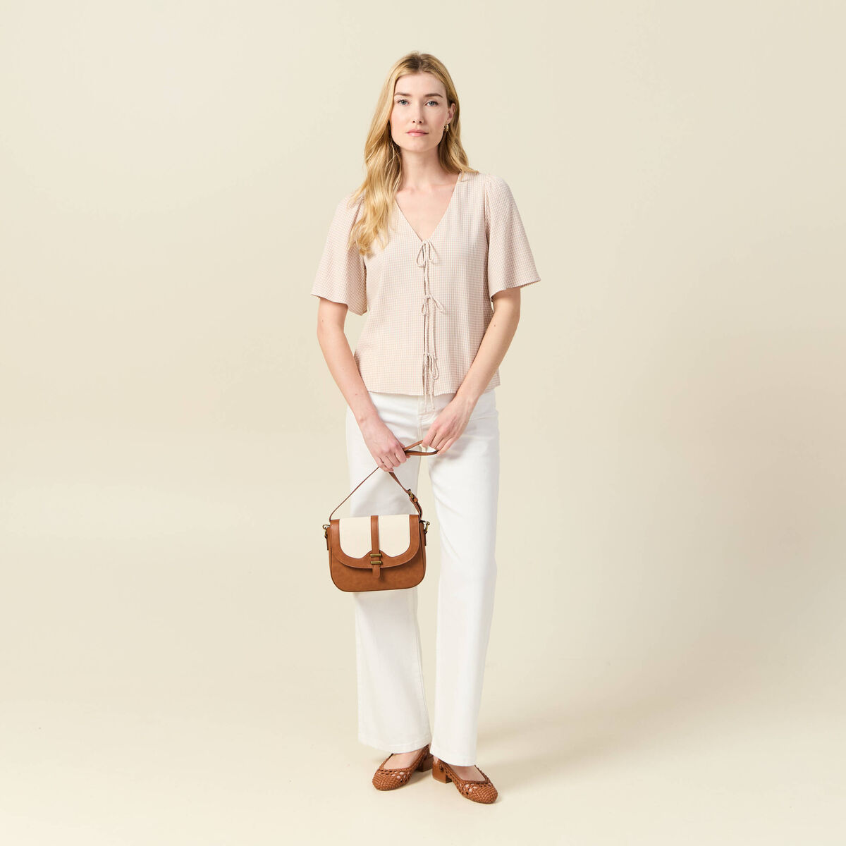 Blouse manches courtes nouée marron clair femme