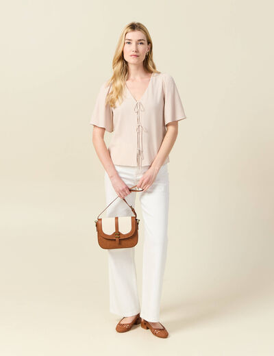 Blouse manches courtes nouée marron clair femme