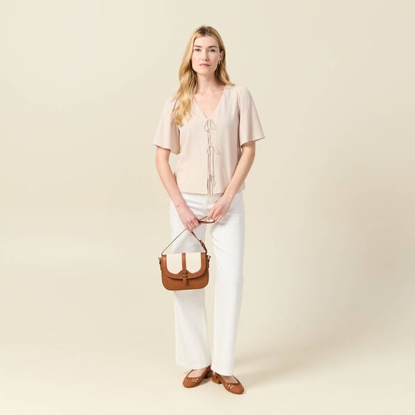 blouse manches courtes nouee marron clair femme Blouse manches courtes nouée marron clair femme