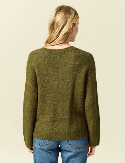 Pull col rond manches longues vert kaki femme