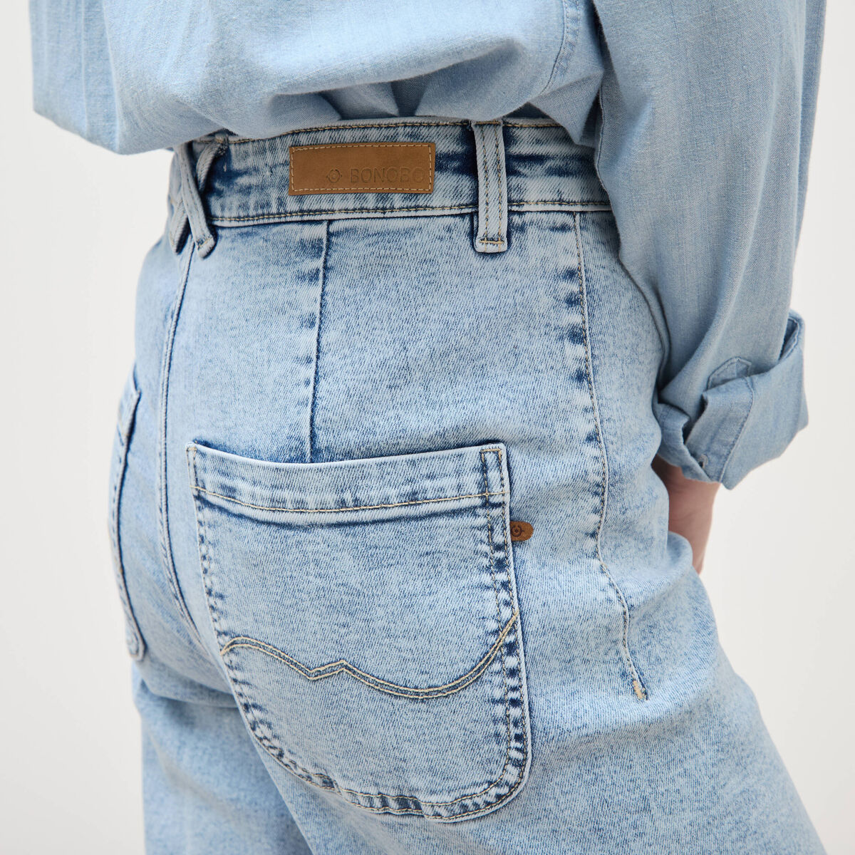 Jeans large taille haute denim bleach femme