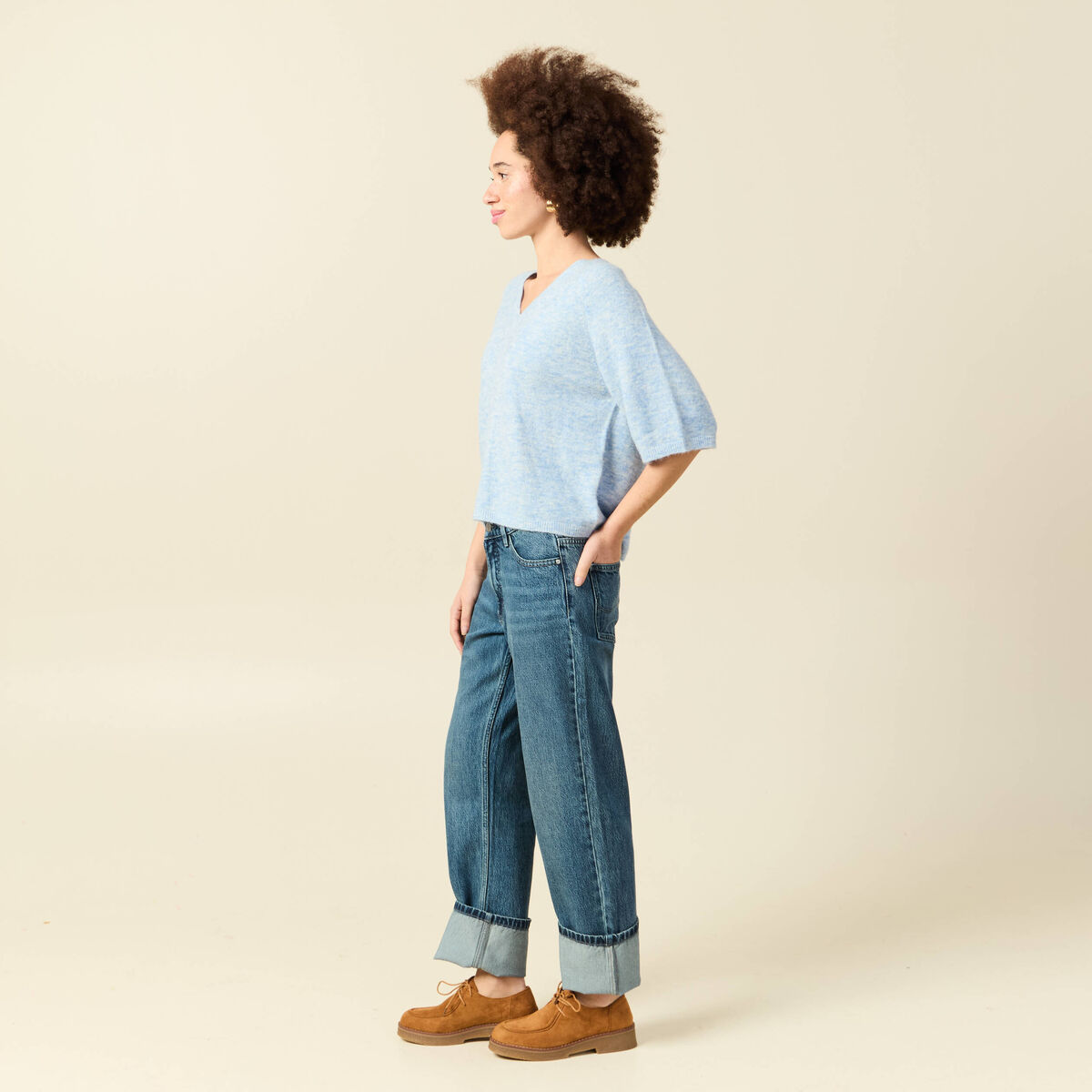 Pull col v manches 3/4 bleu ciel femme