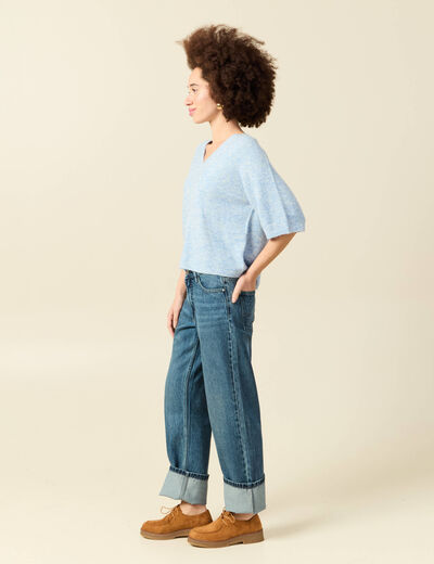 Pull col v manches 3/4 bleu ciel femme
