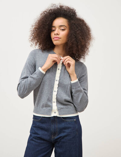 Gilet droit manches longues col rond gris femme