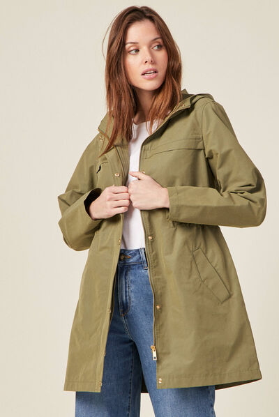 Parka à capuche déperlante vert kaki femme
