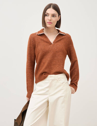 Pull droit col polo manches longues marron cognac femme