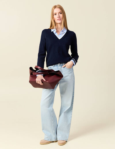 Pull manches longues 2-en-1 bleu foncé femme