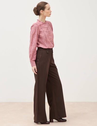 Pantalon large taille haute fluide marron fonc&eacute; femme