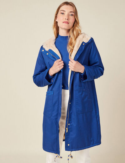Parka droite à capuche doublée bleu electrique femme
