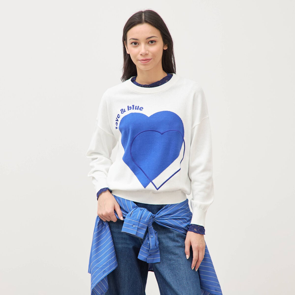 Pull oversize col rond manches longues ecru femme