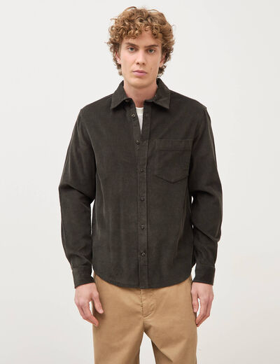 Chemise col classique en velours vert kaki homme
