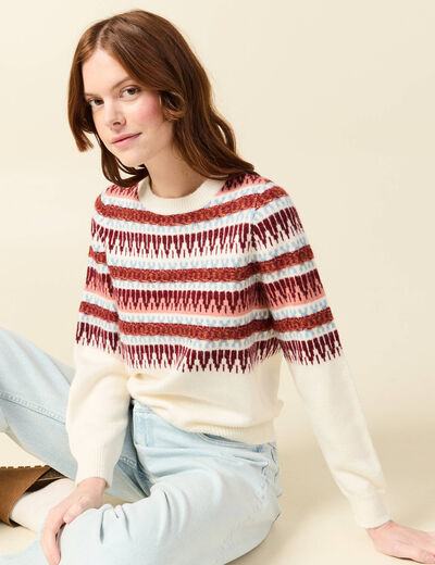 Pull manches longues col rond ecru femme