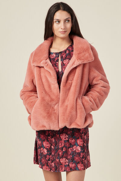 Manteau droit fausse fourrure rouge clair femme