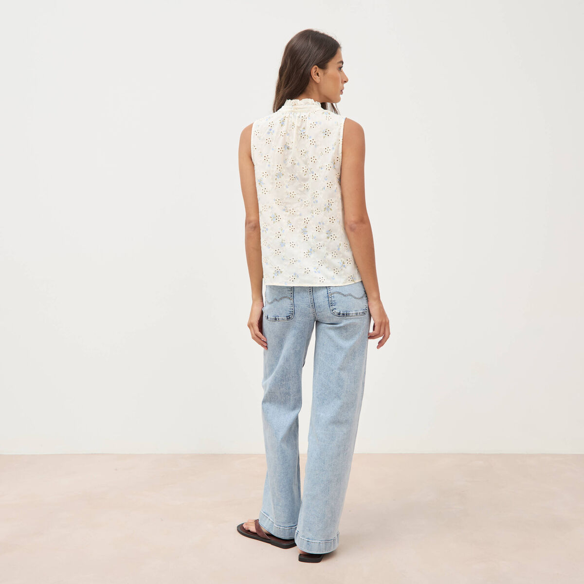 Blouse droite sans manches col montant bleu femme
