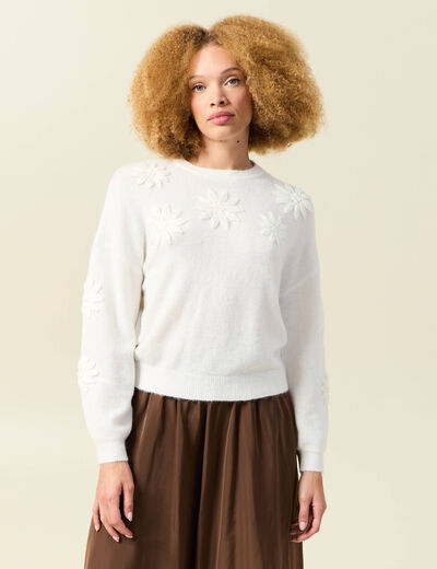 Pull manches longues col rond ecru femme