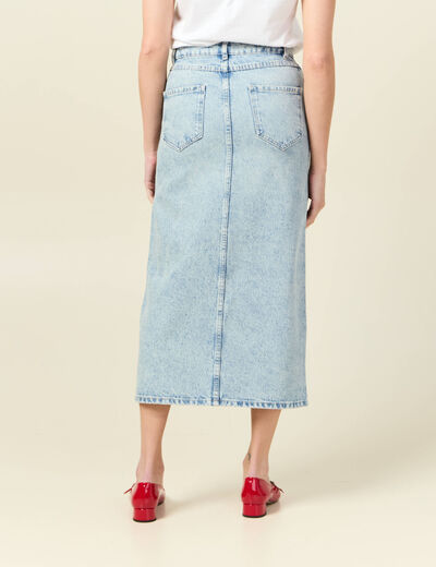 Jupe midi droite en jean denim bleach femme