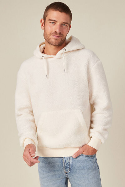 Sweat à capuche laine mouton ecru homme