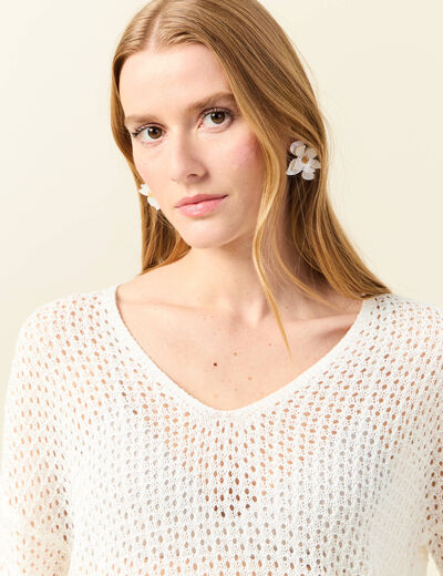 Pull manches longues ajouré ecru femme