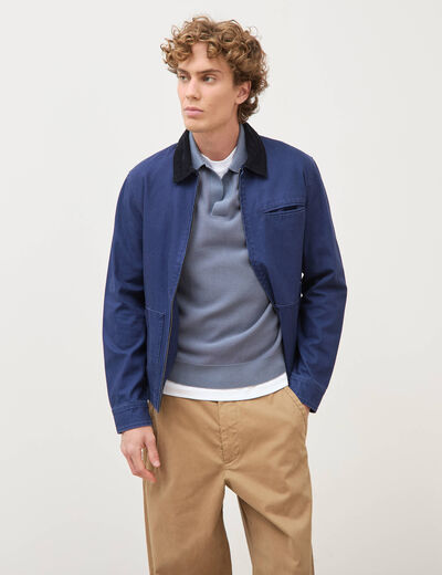 Pull droit col polo manches longues bleu gris homme