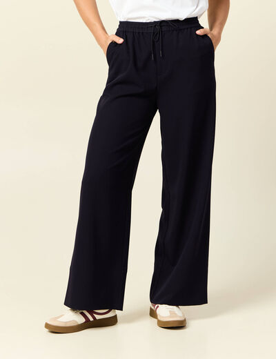 Pantalon large élastiqué bleu foncé femme