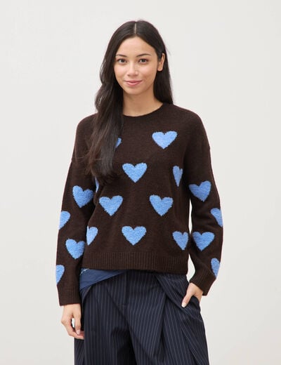 Pull manches longues bouclette col rond marron femme