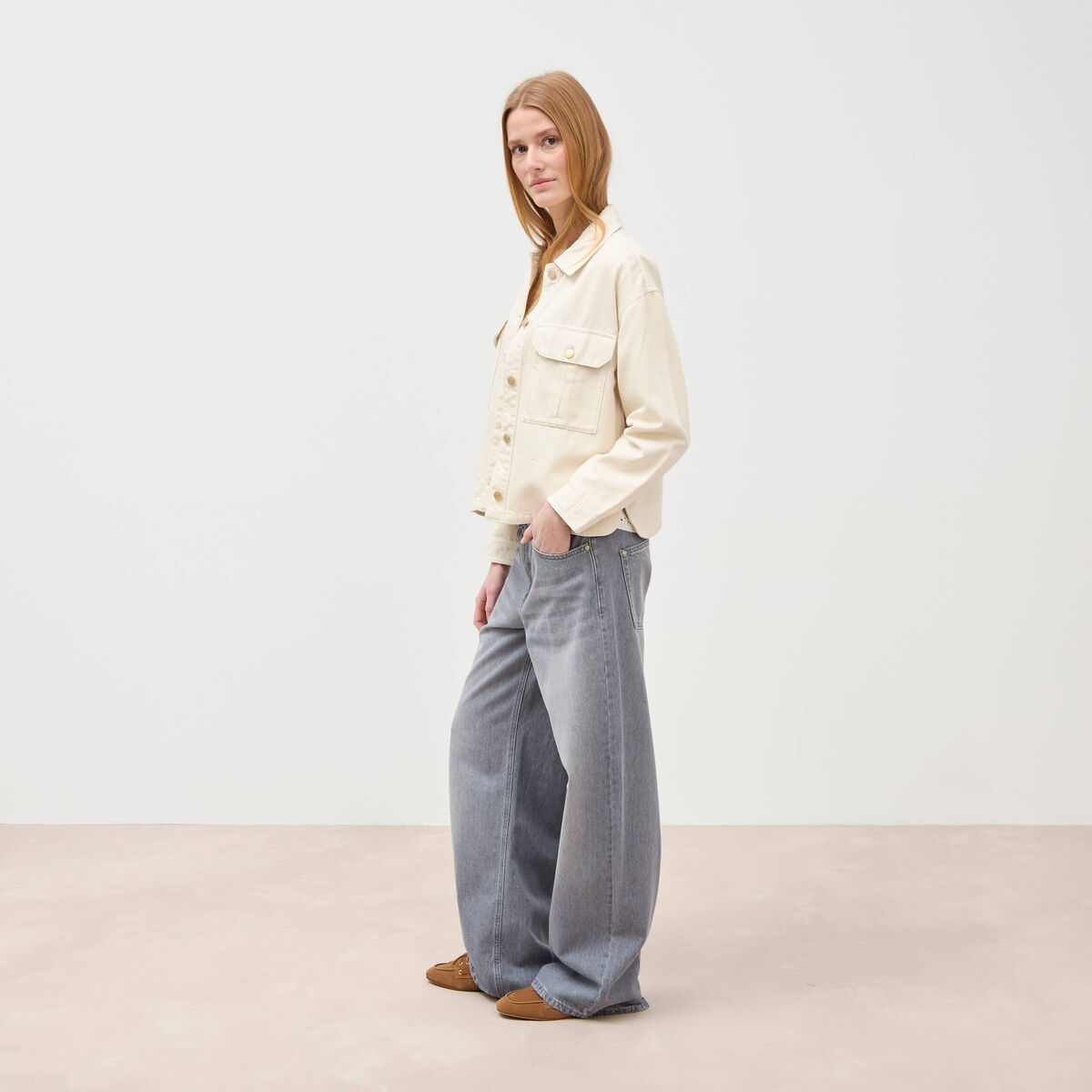 Blouson manches longues col classique denim blanc femme