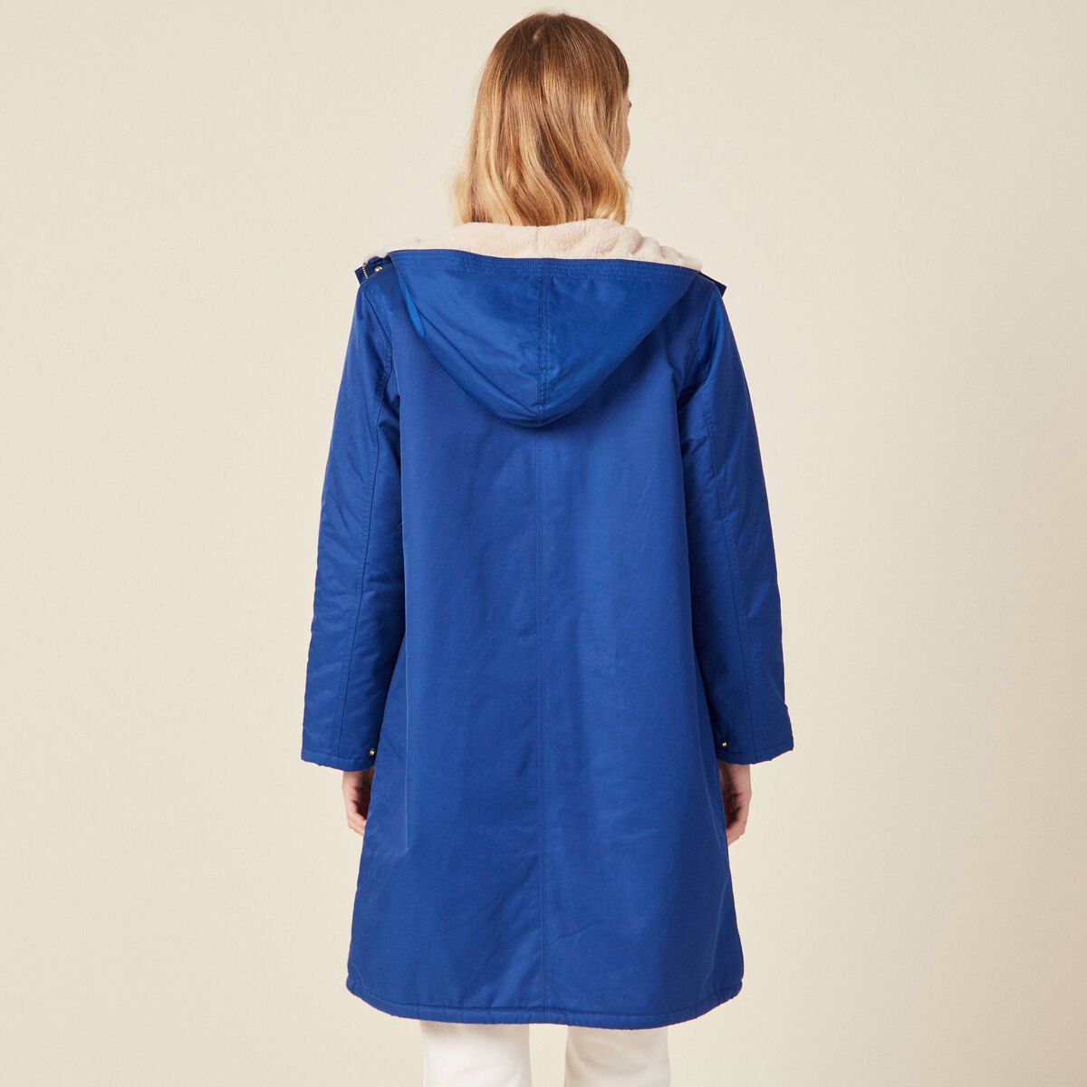Parka droite à capuche doublée bleu electrique femme