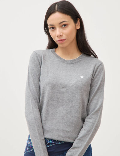 Pull fin col rond manches longues gris clair femme