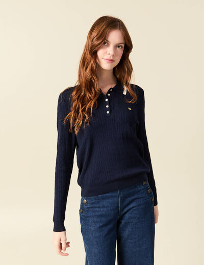 Polo avec torsade et c&oelig;ur brod&eacute; bleu marine femme