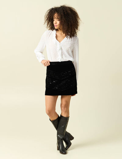 Jupe doubl&eacute;e broderie effet brillant noir femme