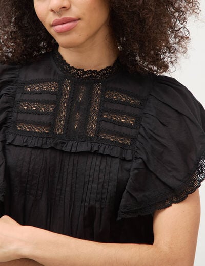Blouse ample col montant manches courtes noir femme