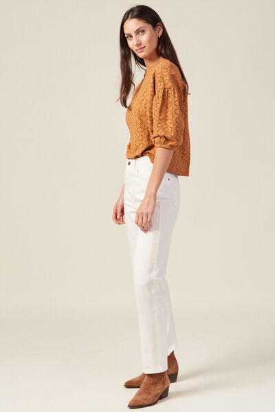 T-shirt manches 3/4 ajouré marron femme