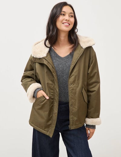 Parka oversize courte &agrave; capuche vert kaki femme