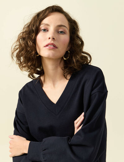 Sweat oversize col v manches longues bleu fonc&eacute; femme