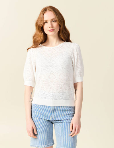 Pull manches courtes ajouré ecru femme