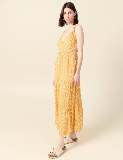 Robe longue évasée à perles jaune femme