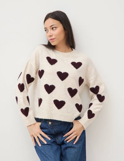Pull manches longues bouclette col rond prune femme